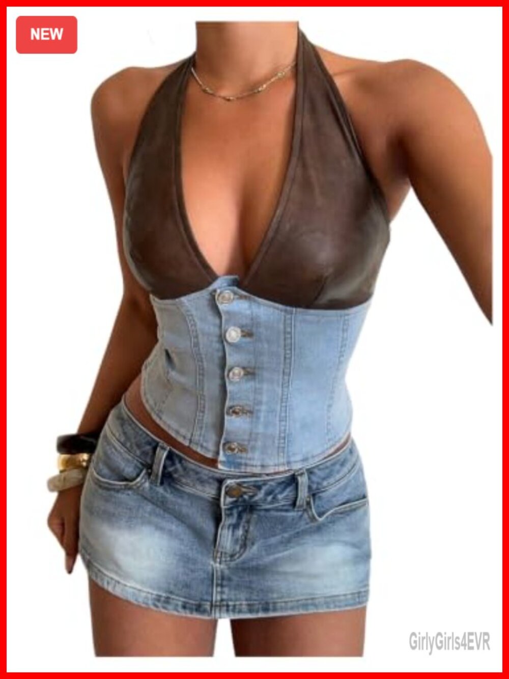 Faux Leather Patchwork Denim Halter Top Button Down Slim Fit